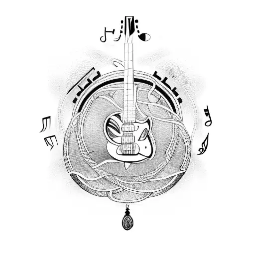 A detailed guitar with music notes intertwined, incorporating elements of hip hop and MMA tattoo design idea