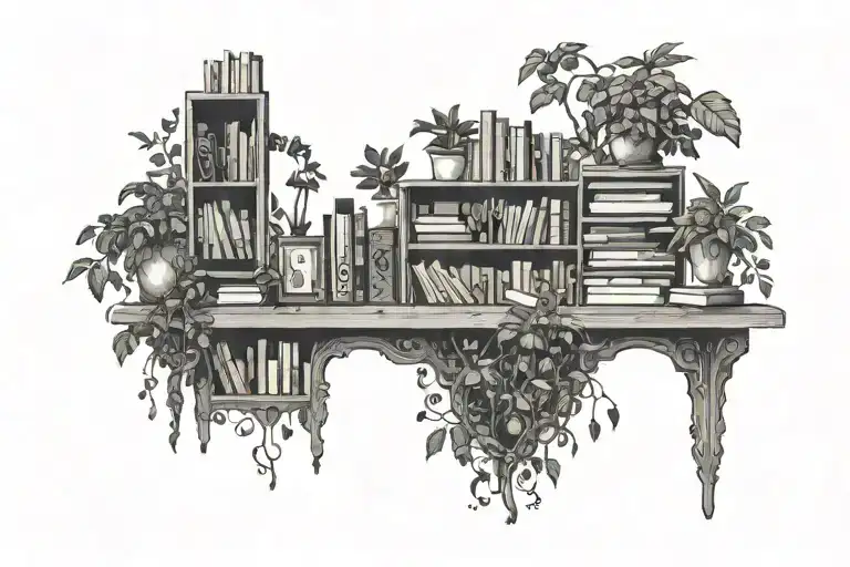Horizontal long bookshelf not much in width with a singular creeper plant  tattoo design idea