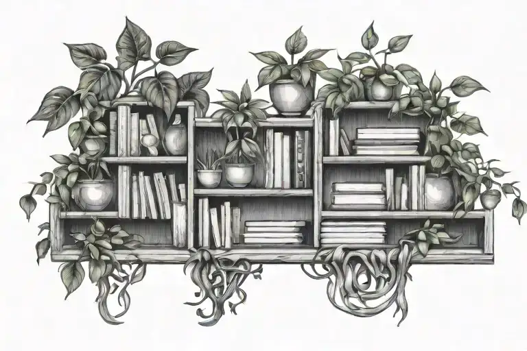 horizontal bookshelf with creeper plants intertwined tattoo design idea
