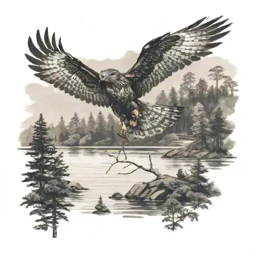 a hawk soaring above a black panther with a lake and trees in the background tattoo design idea