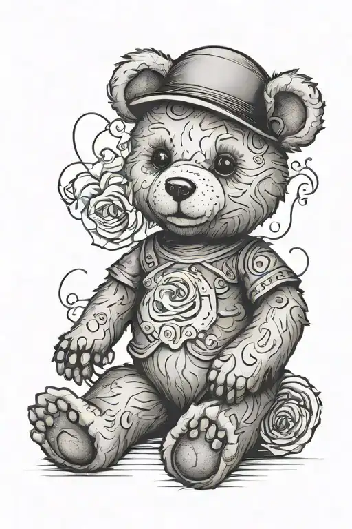 tattered teddy bear with jackolatern head tattoo design idea
