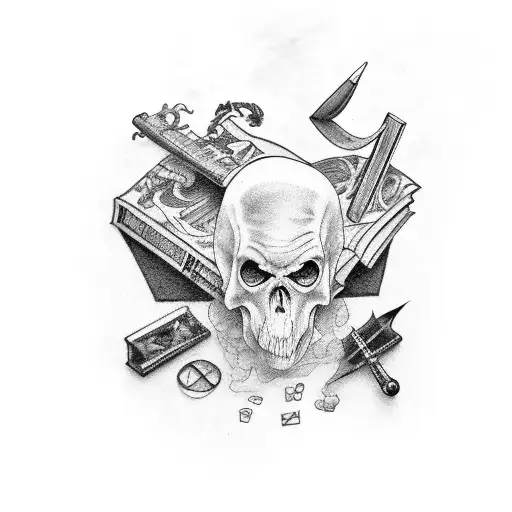 A black-grey tattoo depicting a sinister-looking bookshelf filled with horror novels and a quill pen tattoo design idea