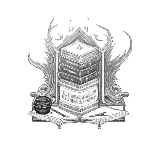 A black-grey tattoo depicting a sinister-looking bookshelf filled with horror novels and a quill pen tattoo design idea