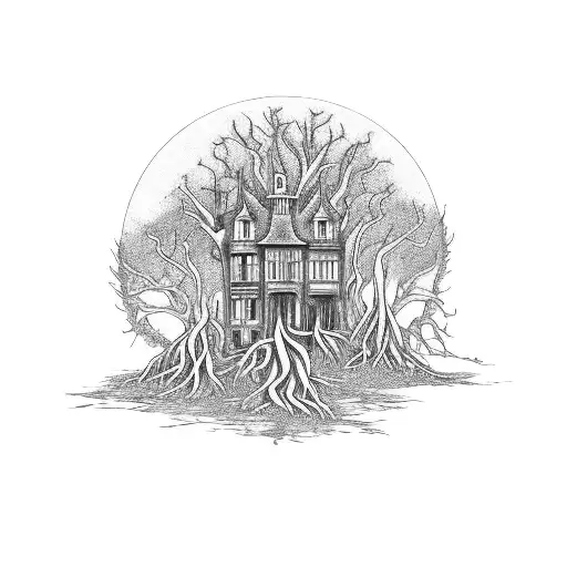 A blackwork design of a haunted mansion surrounded by twisted trees and a full moon casting an eerie glow tattoo design idea
