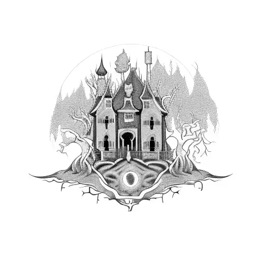 A blackwork design of a haunted mansion surrounded by twisted trees and a full moon casting an eerie glow tattoo design idea