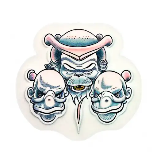 3 cartoon character faces, depicting "Hear no evil, see no evil, speak no evil" old school american traditional style tattoo design idea