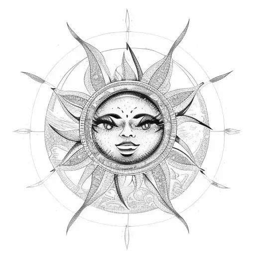 Moon, sun, waves, sky entwined in spiritual dream catcher tattoo design idea