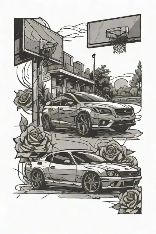 basketball court with car and rose  tattoo design idea