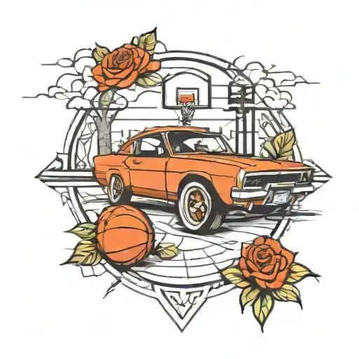 basketball court with cars and rose tattoo design idea