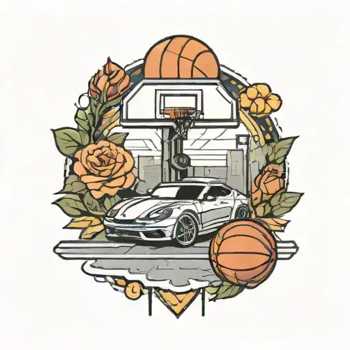 basketball court with car and rose  tattoo design idea