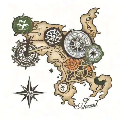 england india ireland map around compass  tattoo design idea