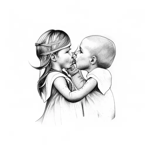 two children kiss tattoo design idea