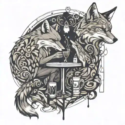 A surreal and dreamlike design of a fox and wolf sharing a drink at a bar, surrounded by abstract shapes and patterns inspired by alcohol and drugs tattoo design idea