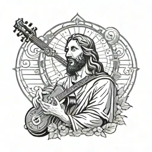 A portrait of Jesus with musical elements incorporated into the background, symbolizing the client's faith and love for music tattoo design idea