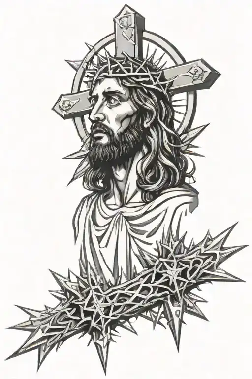 Jesus with thorns on head Facing away from colored in spiked cross with Luke 1:37 in background tattoo design idea