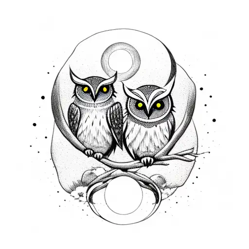 Two owls sitting on a crescent moon with daisies on it tattoo design idea