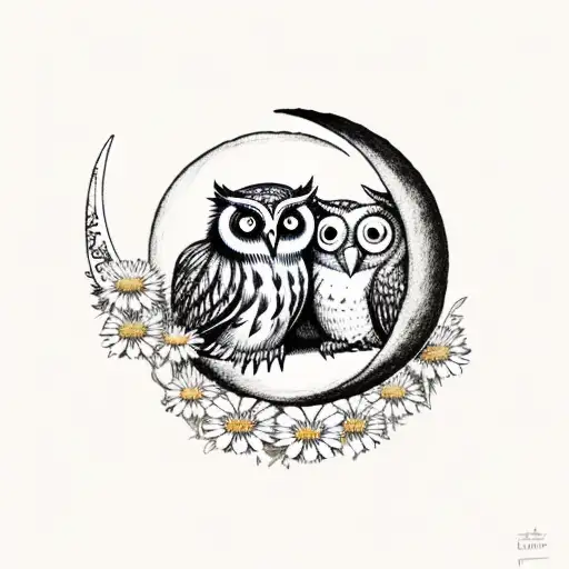 Two owls sitting on a crescent moon with daisies tattoo design idea