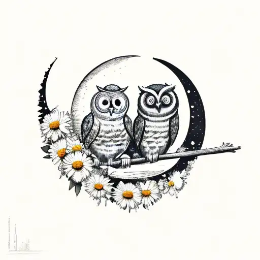 Two owls sitting on a crescent moon with daisies on it tattoo design idea