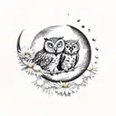Two owls sitting on a crescent moon with daisies on it tattoo design idea