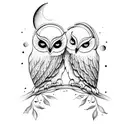 Two owls sitting on a crescent moon with daisies on it tattoo design idea