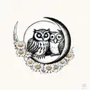 Two owls sitting on a crescent moon with daisies tattoo design idea