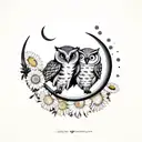 Two owls sitting on a crescent moon with daisies tattoo design idea