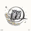 Two owls sitting on a crescent moon with daisies tattoo design idea
