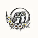 Two owls sitting on a crescent moon with daisies tattoo design idea