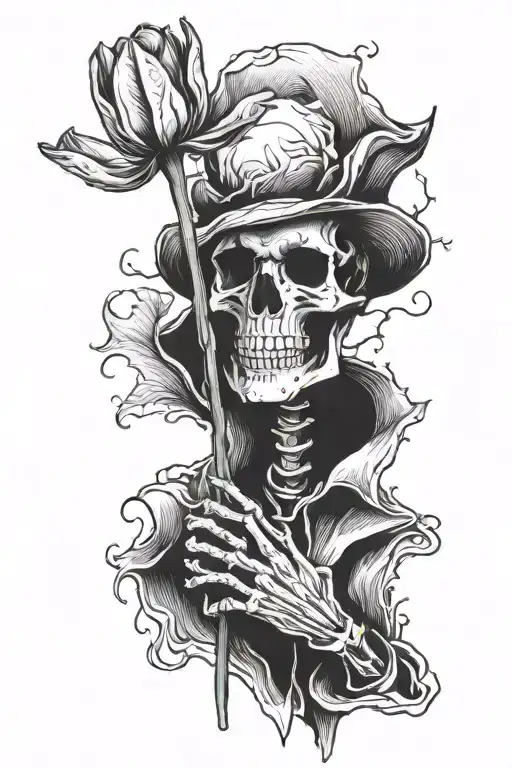 skeleton looking at a tulip in his hands blackwork tattoo design idea