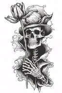 skeleton looking at a tulip in his hands blackwork tattoo design idea