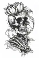 skeleton looking at a tulip in his hands blackwork tattoo design idea