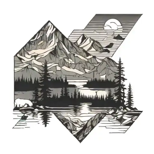 lakes and mountains panorama wilderness scene tattoo design idea