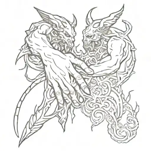 human and devil handshake  tattoo design idea