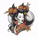 geisha with higanbana flower + hannya mask tattoo design idea