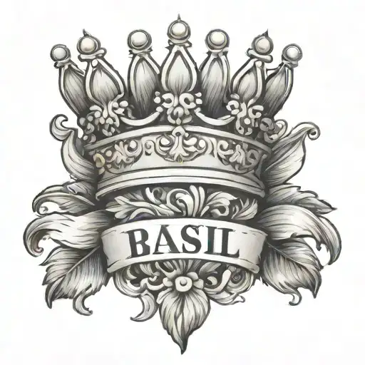 Name Basil with crown surrounded tattoo design idea