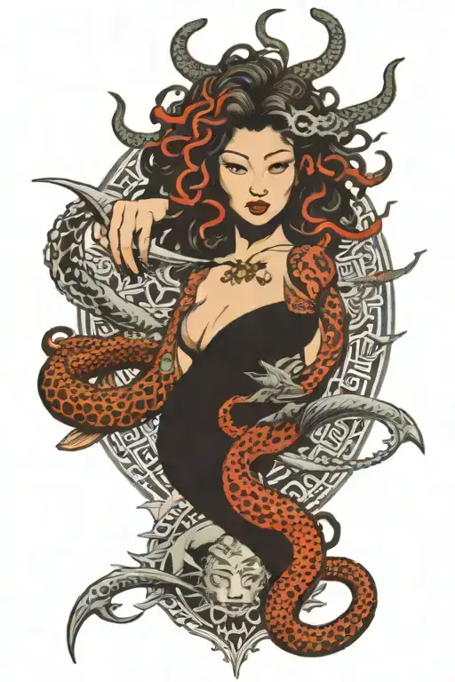 Medusa holding aircraft flying tattoo design idea