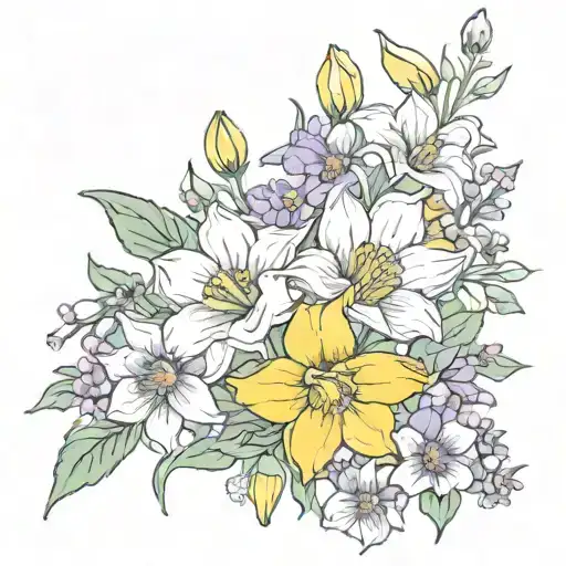 daffodil, sweet pea, violets, poppy, aster chest piece with daisy in middle  tattoo design idea
