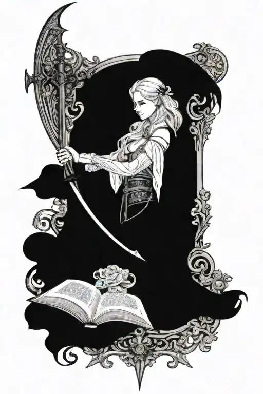 High fantasy book, high fantasy themed tattoo, throne of glass, a court of thorns and roses, fourth wing, sword tattoo design idea