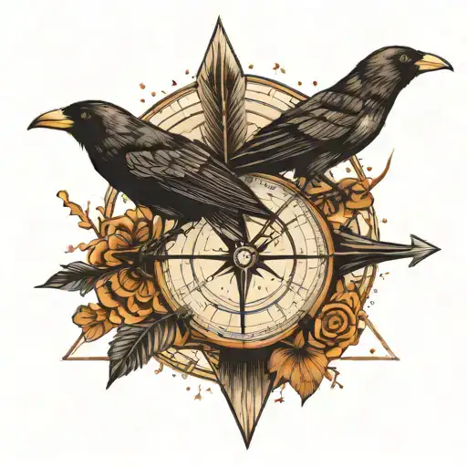 arrow with a compass in the middle, a crow at the top of the arrow tattoo design idea
