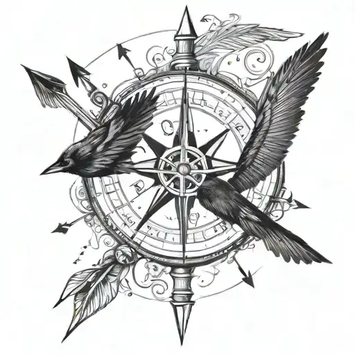 an arrow with a compass in the middle of the arrow and a crow tattoo design idea