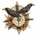 arrow with a compass in the middle, a crow at the top of the arrow tattoo design idea