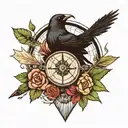 arrow with a compass in the middle, a crow at the top of the arrow tattoo design idea