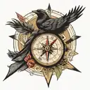 arrow with a compass in the middle, a crow at the top of the arrow tattoo design idea