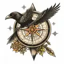 arrow with a compass in the middle, a crow at the top of the arrow tattoo design idea