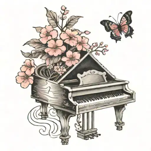 piano and cherry blossoms tattoo design idea