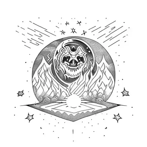 moon raising up from hell behind explosions of magical lightning tattoo design idea