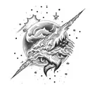 moon raising up from hell behind explosions of magical lightning tattoo design idea