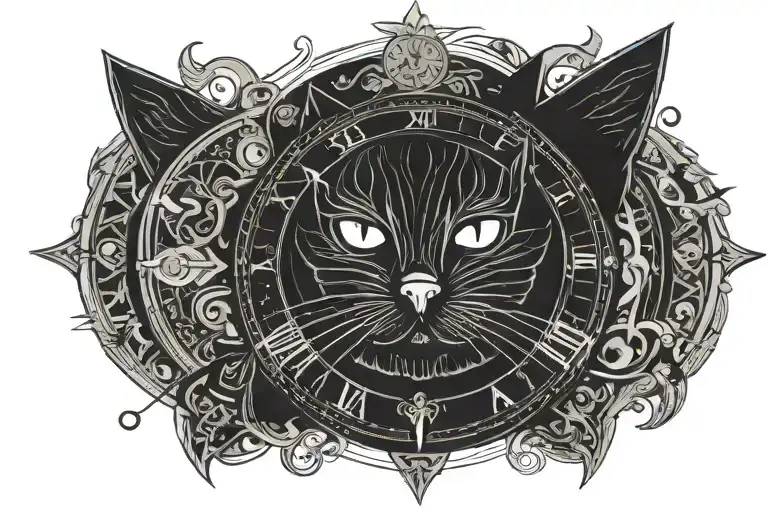 black cat midnight vintage clock celestial tattoo design idea
