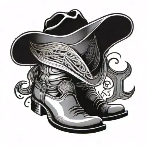 cowboy big brim hat resting on clean cowboy boots tattoo design idea