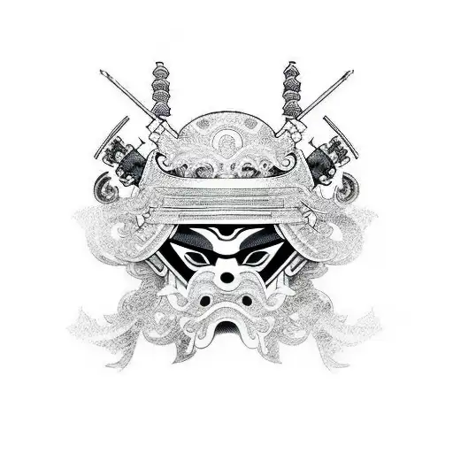 Japanese black and white symmetrical masked samurai  tattoo design idea